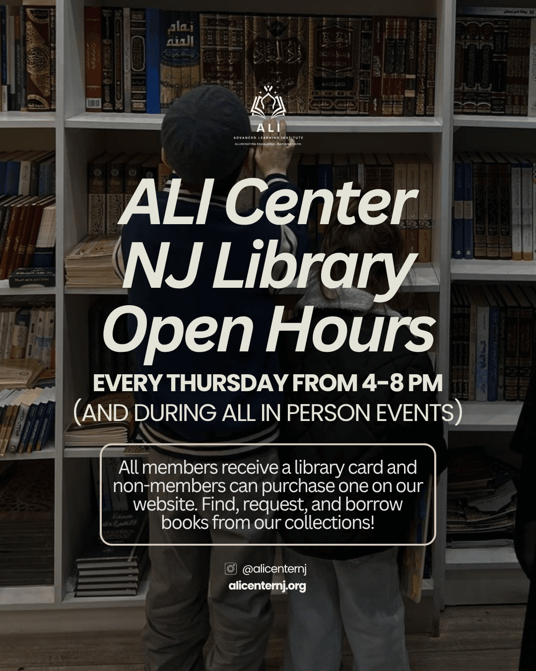 Apply for an ALI Center Library Card! event flyer